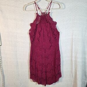 Free People Intimately Lace Mini Dress Womens L Burgundy Boho Halter Strappy